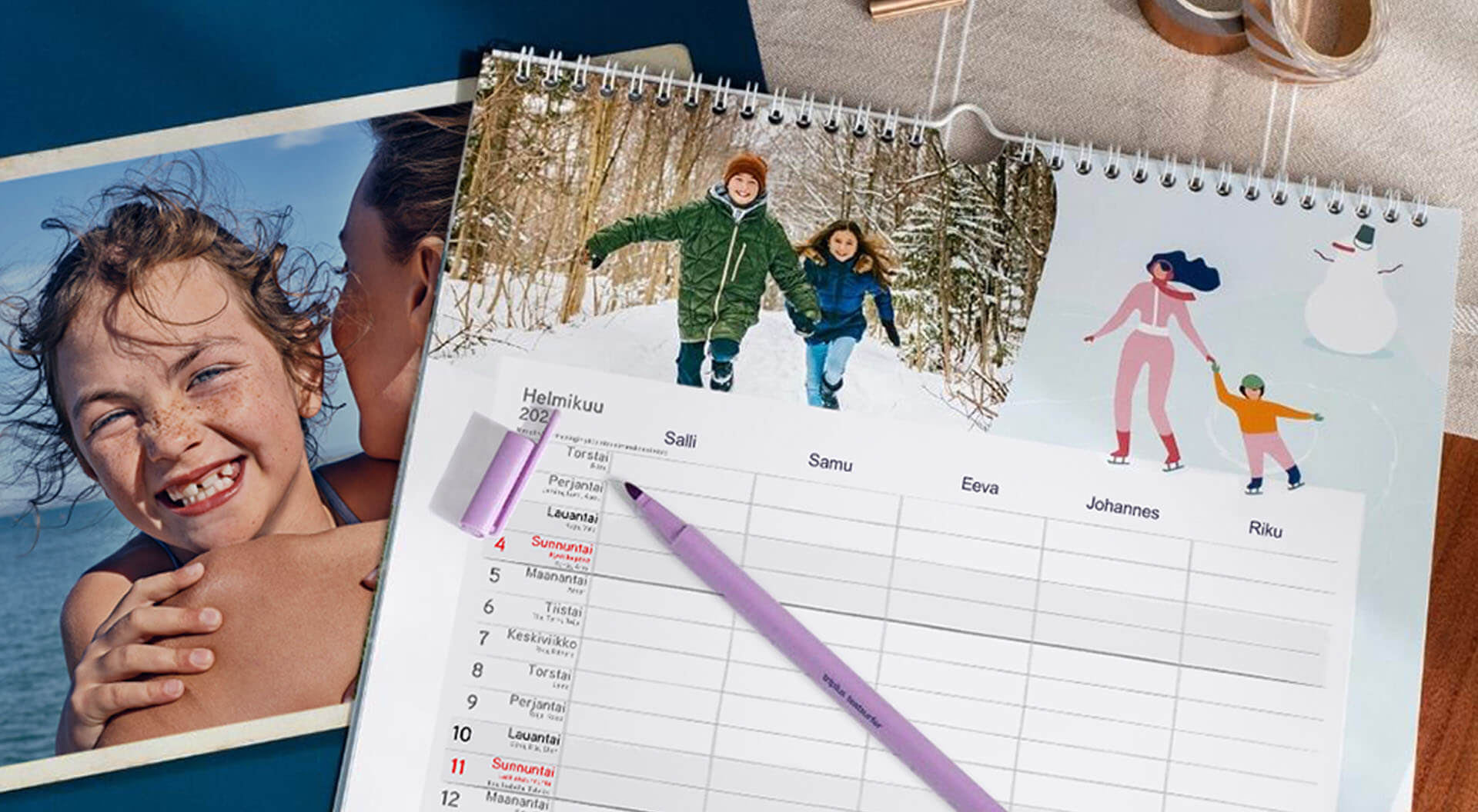 Perhekalenterissa on omat sarakkeet viiden hengen menoille
